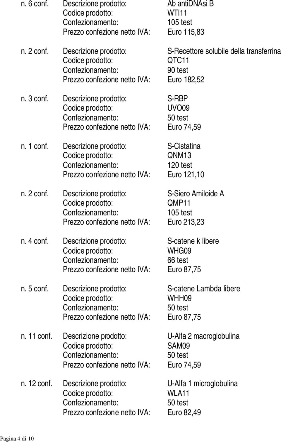 Descrizione prodotto: S-RBP UVO09 Prezzo confezione netto IVA: Euro 74,59 n. 1 conf. Descrizione prodotto: S-Cistatina QNM13 120 test Prezzo confezione netto IVA: Euro 121,10 n. 2 conf.