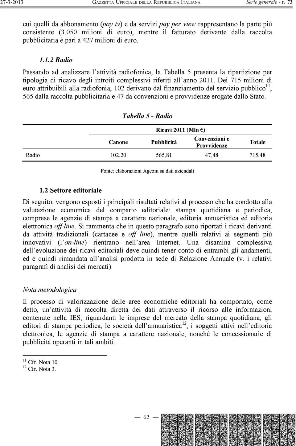 1.2 Radio Passando ad analizzare l attività radiofonica, la Tabella 5 presenta la ripartizione per tipologia di ricavo degli introiti complessivi riferiti all anno 2011.