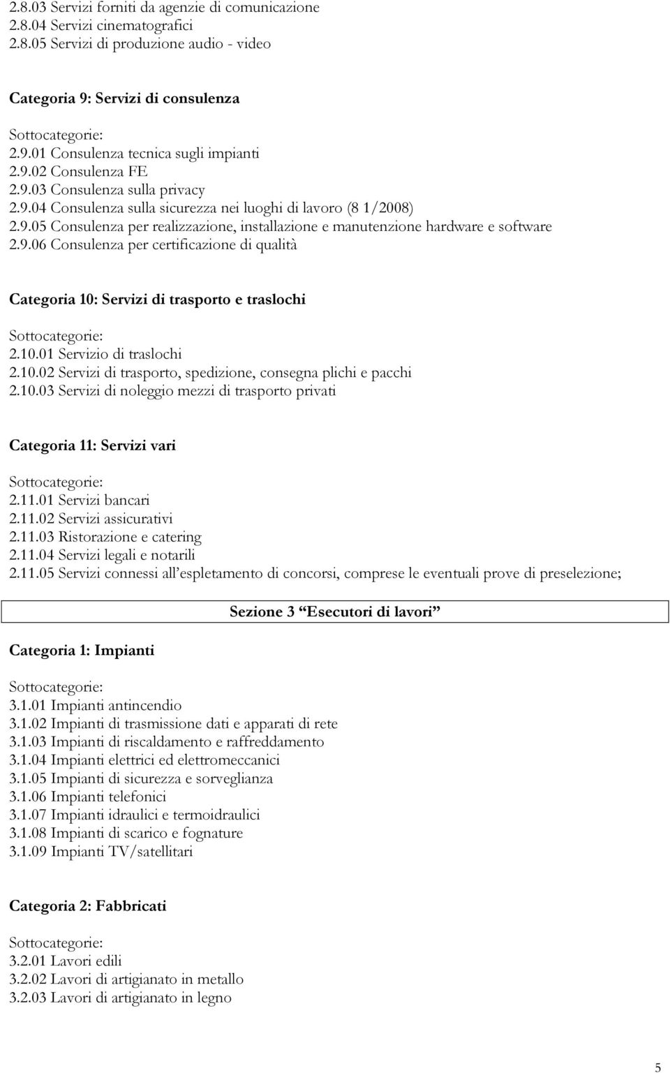 9.06 Consulenza per certificazione di qualità Categoria 10: Servizi di trasporto e traslochi 2.10.01 Servizio di traslochi 2.10.02 Servizi di trasporto, spedizione, consegna plichi e pacchi 2.10.03 Servizi di noleggio mezzi di trasporto privati Categoria 11: Servizi vari 2.