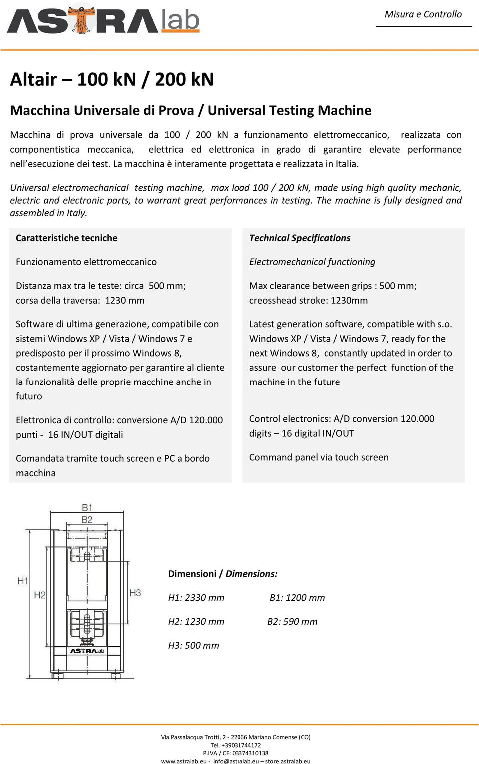 Universal electromechanical testing machine, max load 100 / 200 kn, made using high quality mechanic, electric and electronic parts, to warrant great performances in testing.