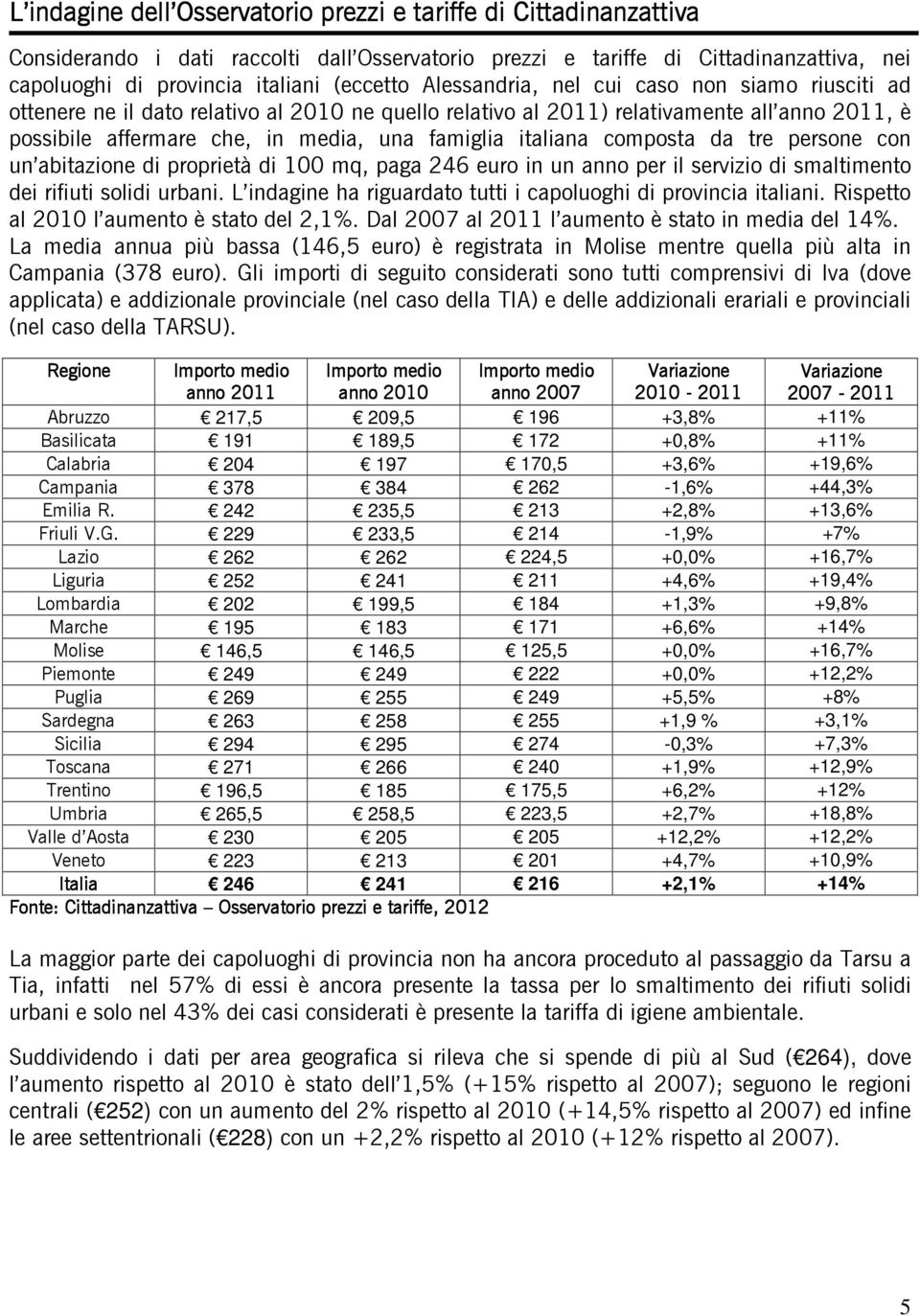 italiana composta da tre persone con un abitazione di proprietà di 100 mq, paga 246 euro in un anno per il servizio di smaltimento dei rifiuti solidi urbani.