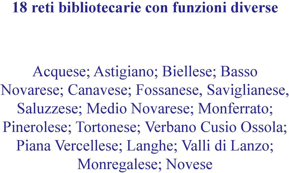 Saluzzese; Medio Novarese; Monferrato; Pinerolese; Tortonese;