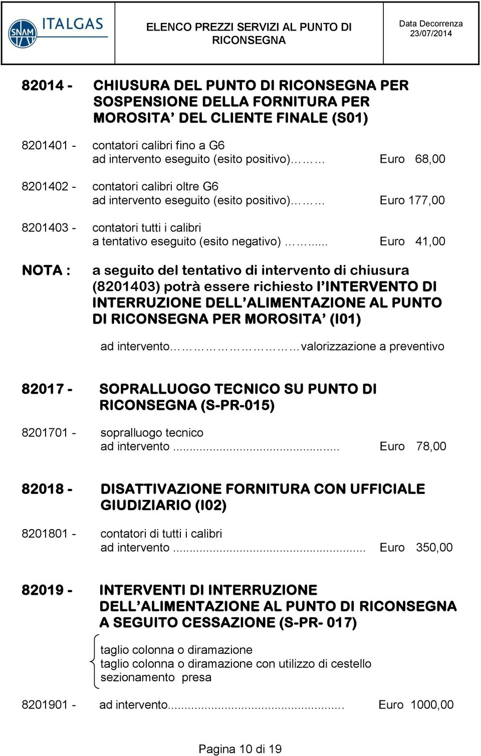 .. Euro 41,00 NOTA : a seguito del tentativo di intervento di chiusura (8201403) potrà essere richiesto l INTERVENTO DI INTERRUZIONE DELL ALIMENTAZIONE AL PUNTO DI PER MOROSITA (I01) ad intervento