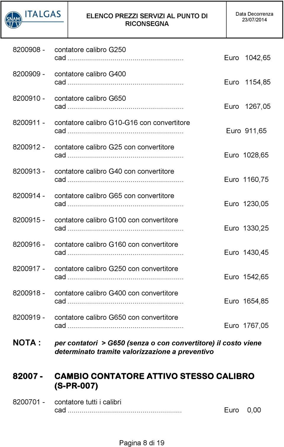 .. Euro 1028,65 8200913 - contatore calibro G40 con convertitore cad... Euro 1160,75 8200914 - contatore calibro G65 con convertitore cad.