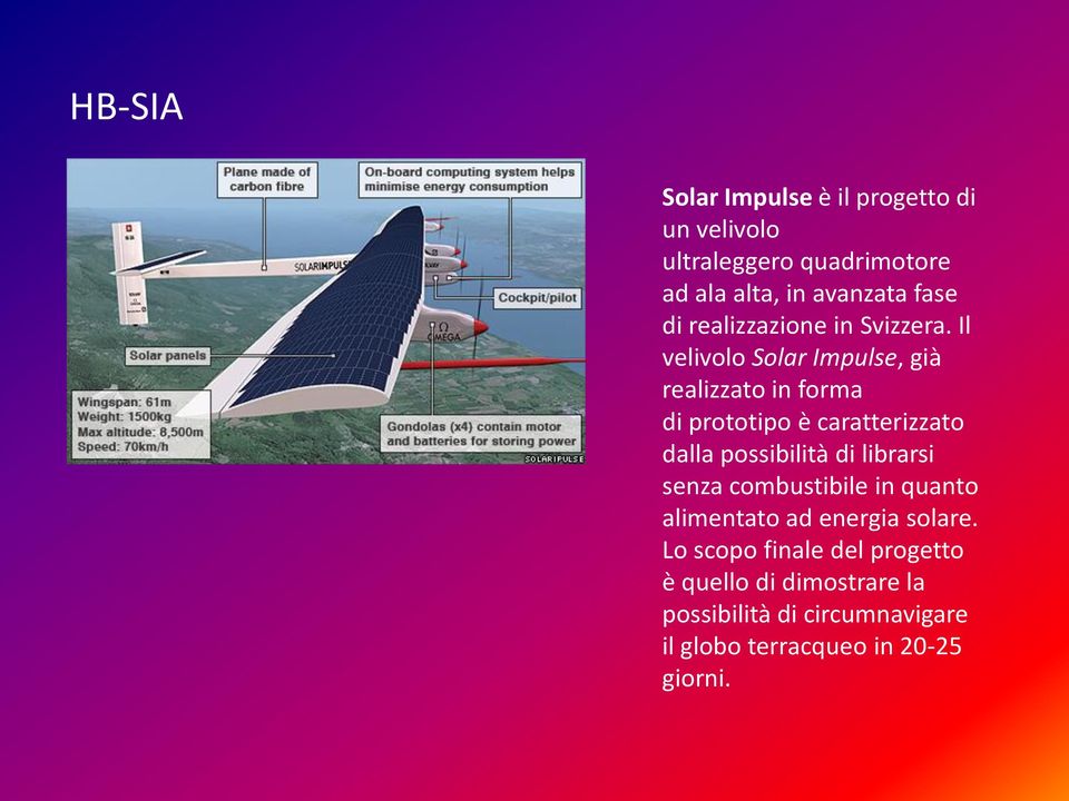 Il velivolo Solar Impulse, già realizzato in forma di prototipo è caratterizzato dalla possibilità di