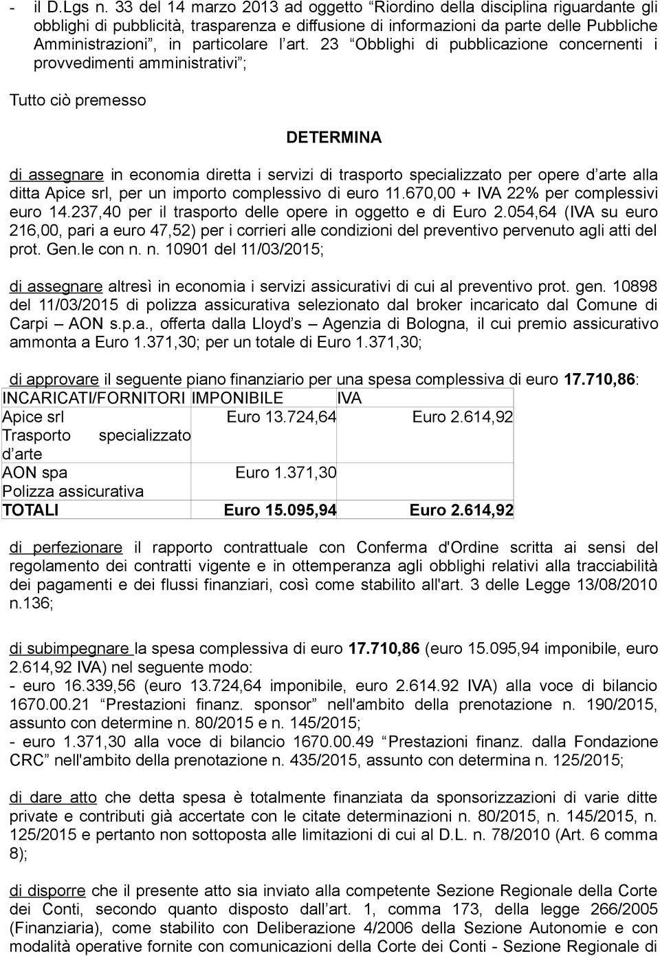 art. 23 Obblighi di pubblicazione concernenti i provvedimenti amministrativi ; Tutto ciò premesso DETERMINA di assegnare in economia diretta i servizi di trasporto specializzato per opere d arte alla