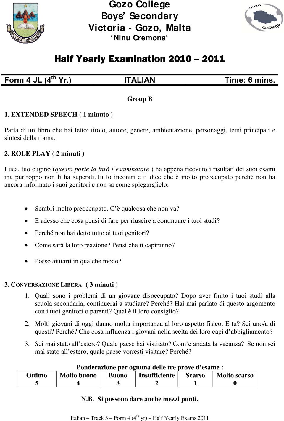 ROLE PLAY ( 2 minuti ) Luca, tuo cugino (questa parte la farà l esaminatore ) ha appena ricevuto i risultati dei suoi esami ma purtroppo non li ha superati.