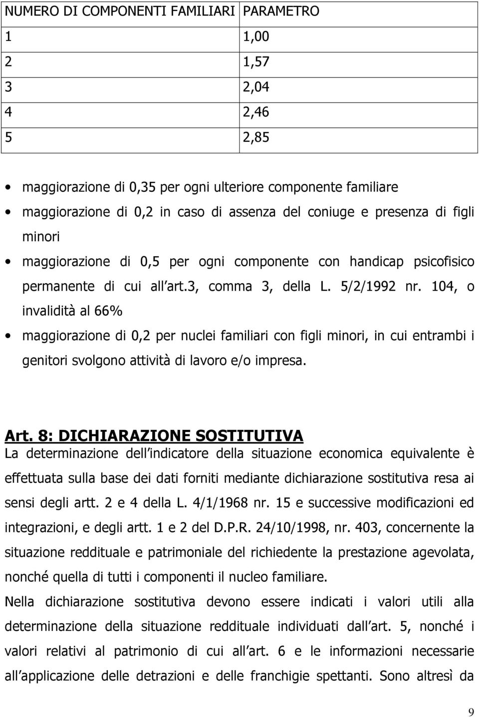 104, o invalidità al 66% maggiorazione di 0,2 per nuclei familiari con figli minori, in cui entrambi i genitori svolgono attività di lavoro e/o impresa. Art.