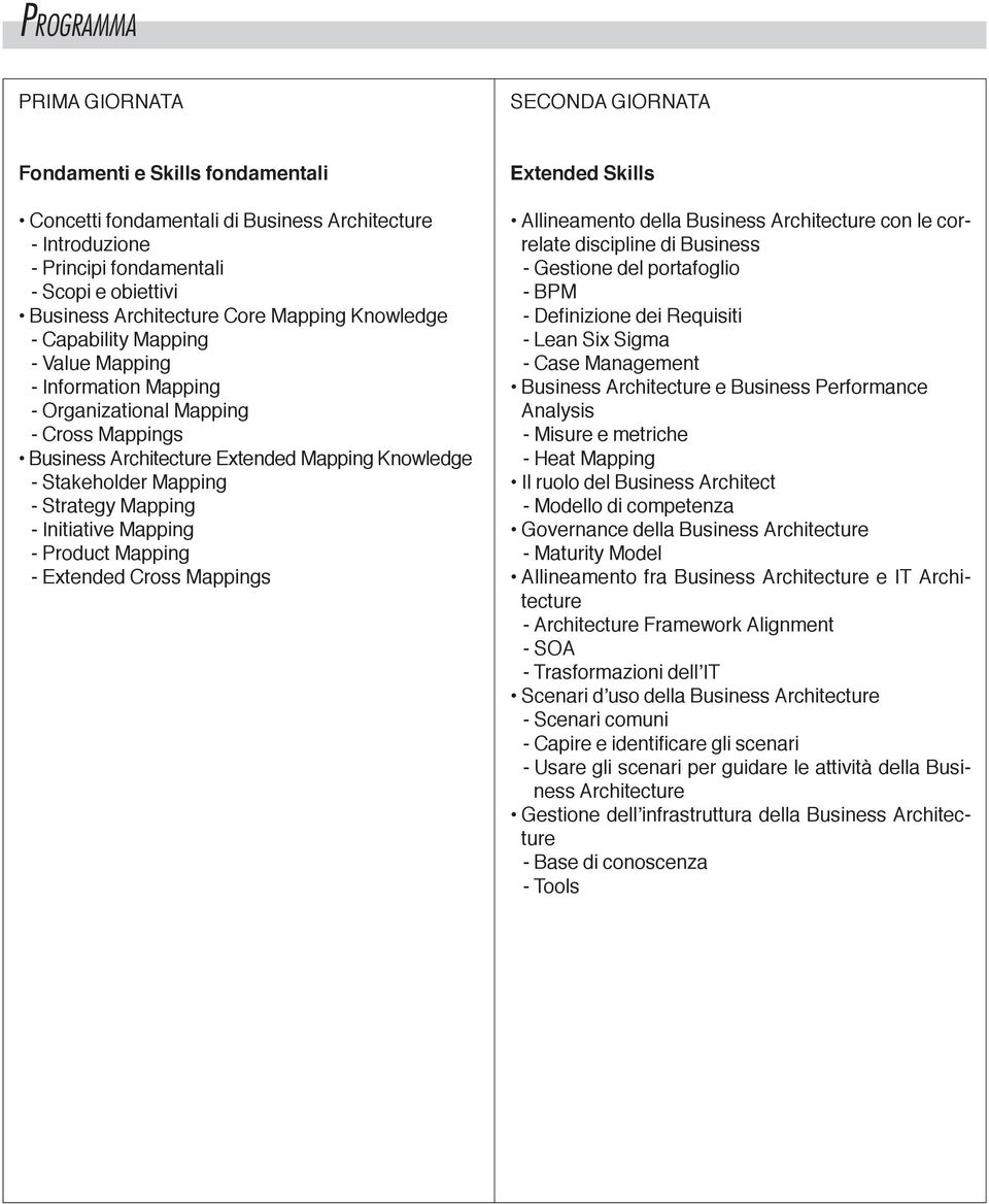 Mapping - Strategy Mapping - Initiative Mapping - Product Mapping - Extended Cross Mappings Extended Skills Allineamento della Business Architecture con le correlate discipline di Business - Gestione