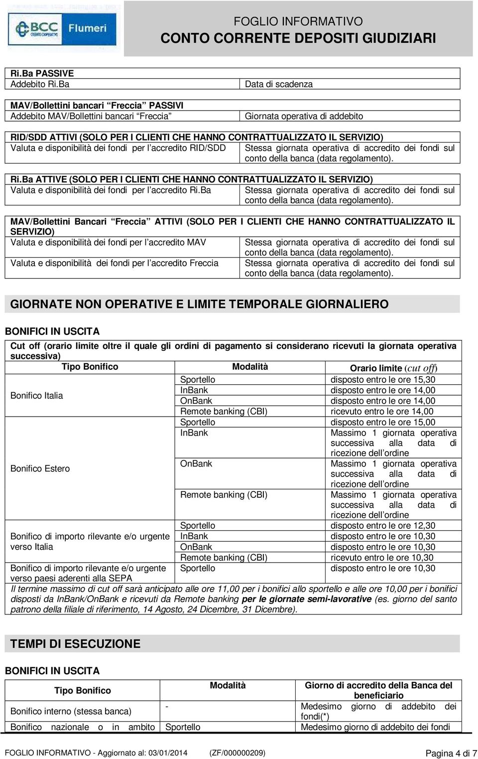 SERVIZIO) Valuta e disponibilità dei fondi per l accredito RID/SDD Stessa giornata operativa di accredito dei fondi sul Ri.