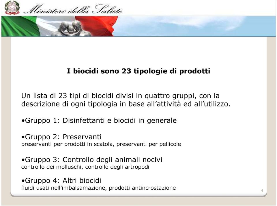 Gruppo 1: Disinfettanti e biocidi in generale Gruppo 2: Preservanti preservanti per prodotti in scatola, preservanti