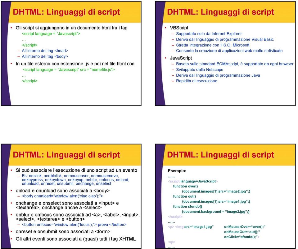 js > </script> DHTML: Linguaggi di script VBScript Supportato solo da Internet Explorer Deriva dal linguaggio di programmazione Visual Basic Stretta integrazione con il S.O.