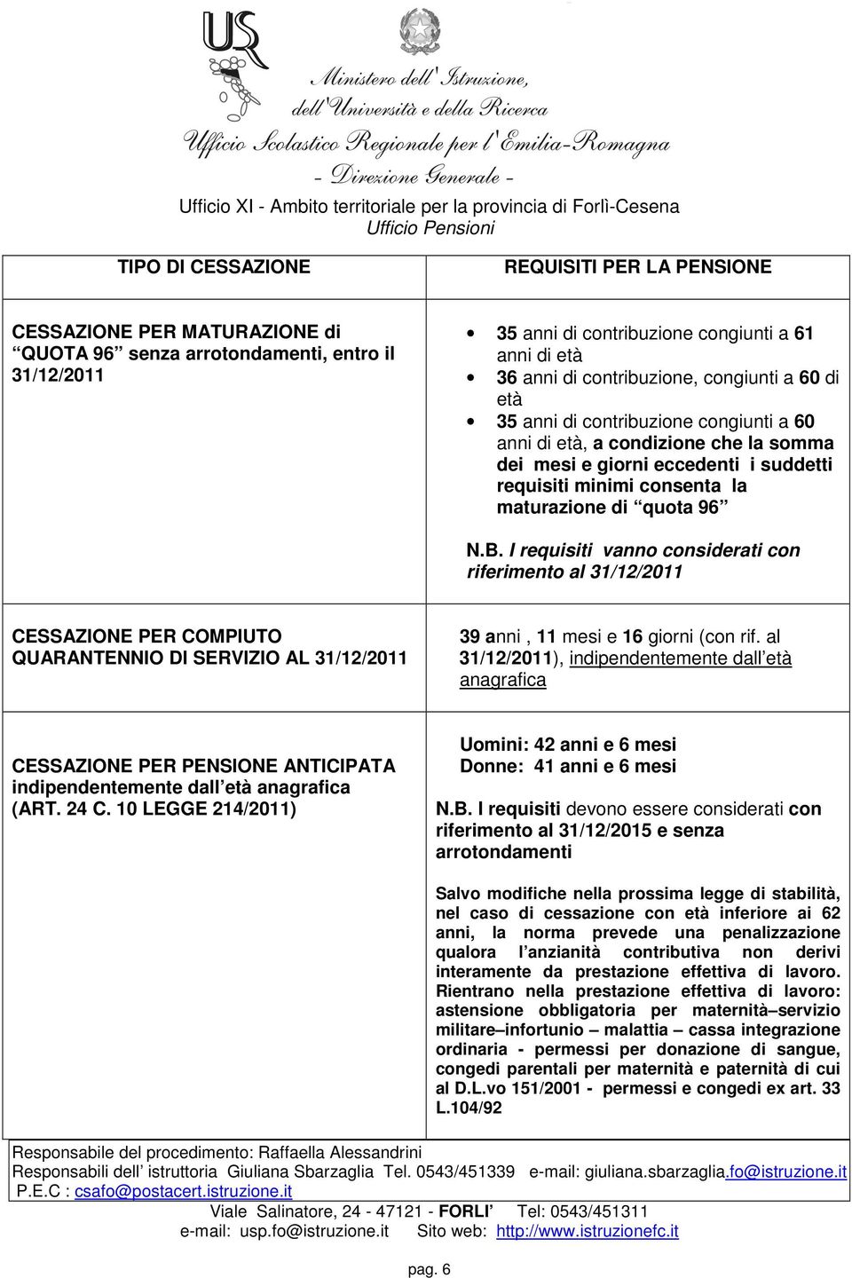 quota 96 N.B. I requisiti vanno considerati con riferimento al 31/12/2011 CESSAZIONE PER COMPIUTO QUARANTENNIO DI SERVIZIO AL 31/12/2011 39 anni, 11 mesi e 16 giorni (con rif.