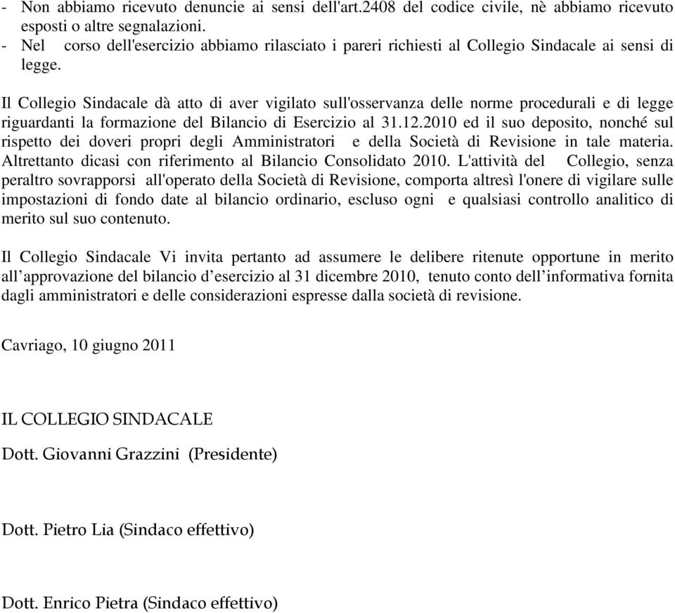 Il Collegio Sindacale dà atto di aver vigilato sull'osservanza delle norme procedurali e di legge riguardanti la formazione del Bilancio di Esercizio al 31.12.