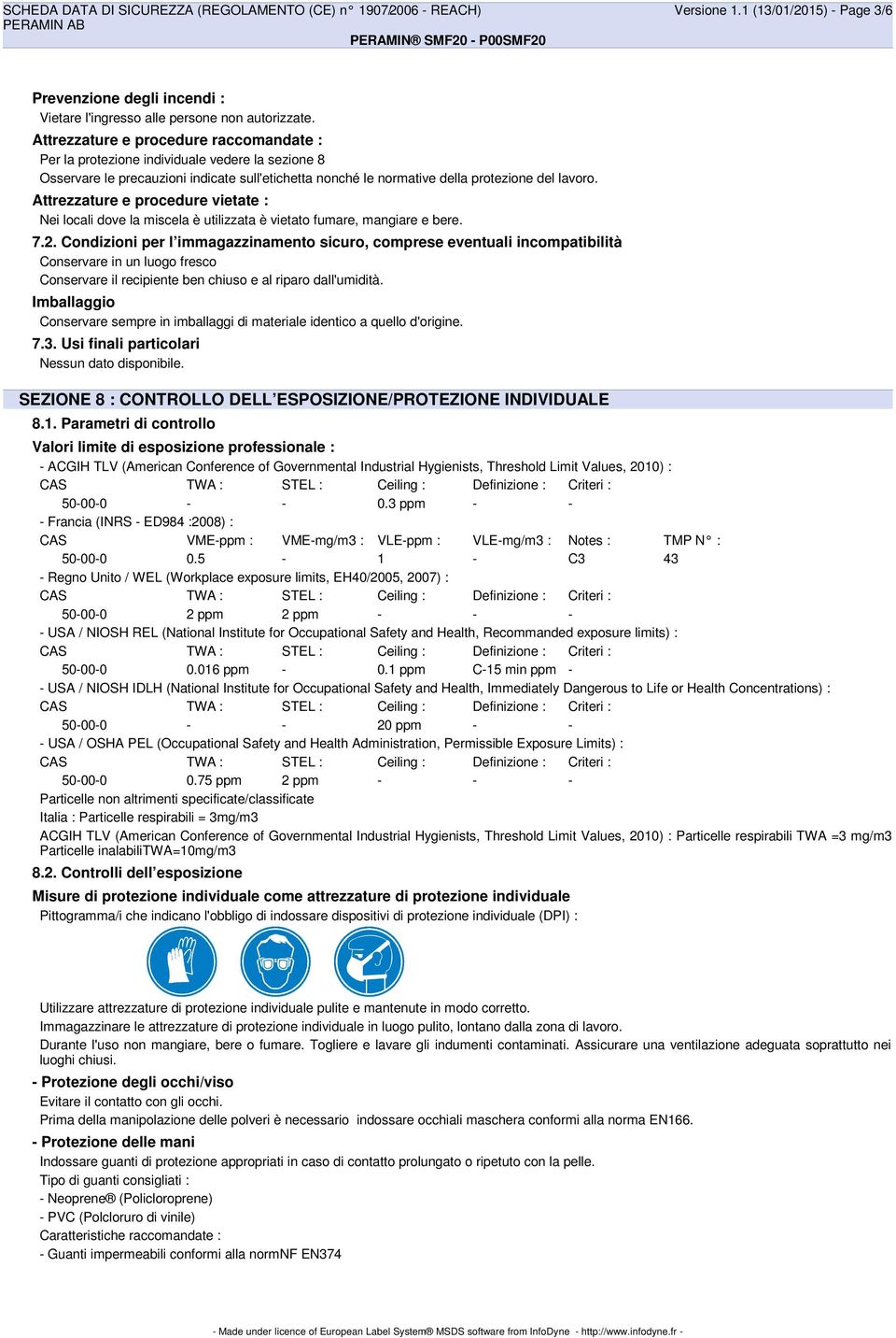 Attrezzature e procedure vietate : Nei locali dove la miscela è utilizzata è vietato fumare, mangiare e bere. 7.2.