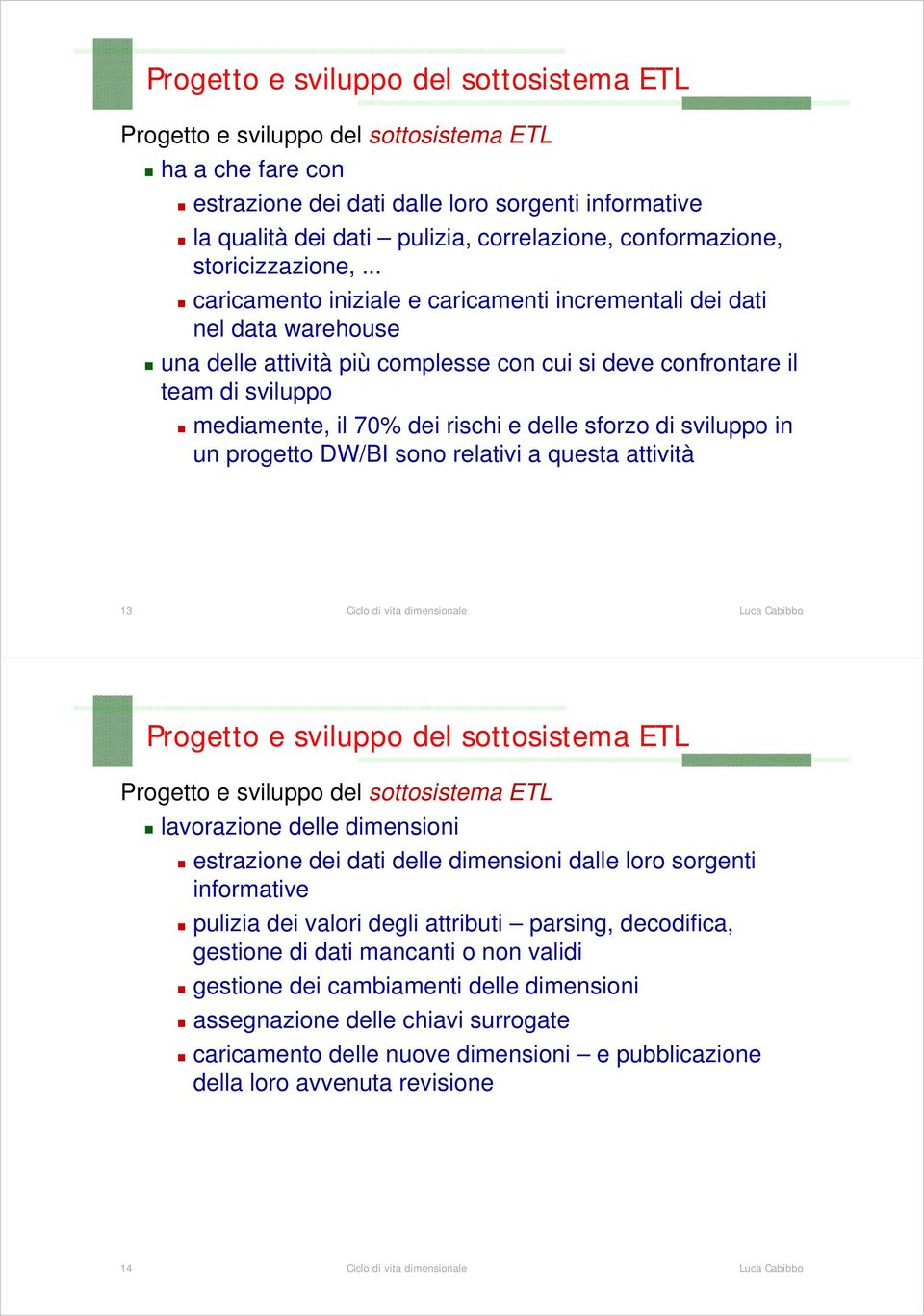 .. caricamento iniziale e caricamenti incrementali dei dati nel data warehouse una delle attività più complesse con cui si deve confrontare il team di sviluppo mediamente, il 70% dei rischi e delle