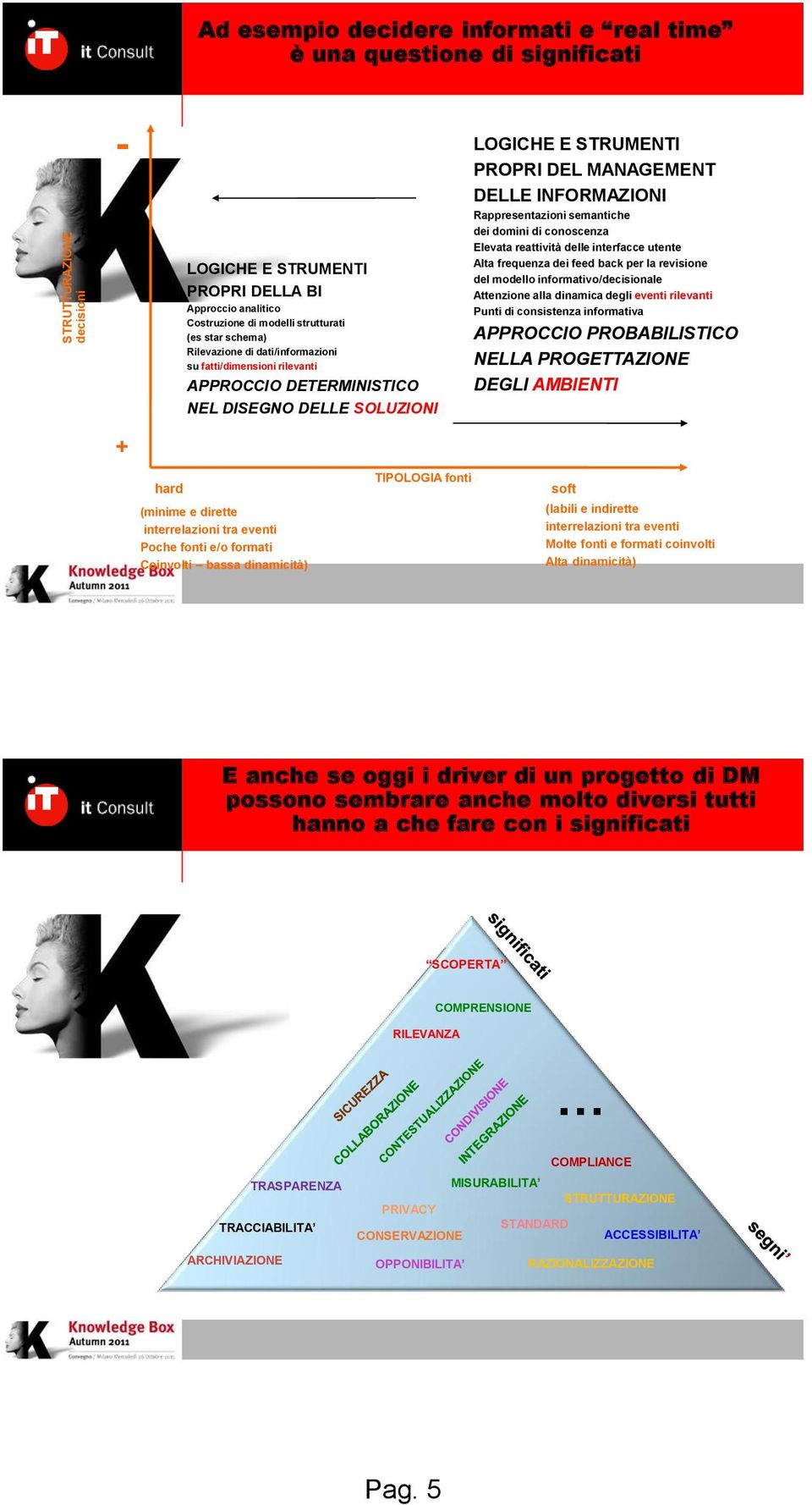 Rappresentazioni semantiche dei domini di conoscenza Elevata reattività delle interfacce utente Alta frequenza dei feed back per la revisione del modello informativo/decisionale Attenzione alla