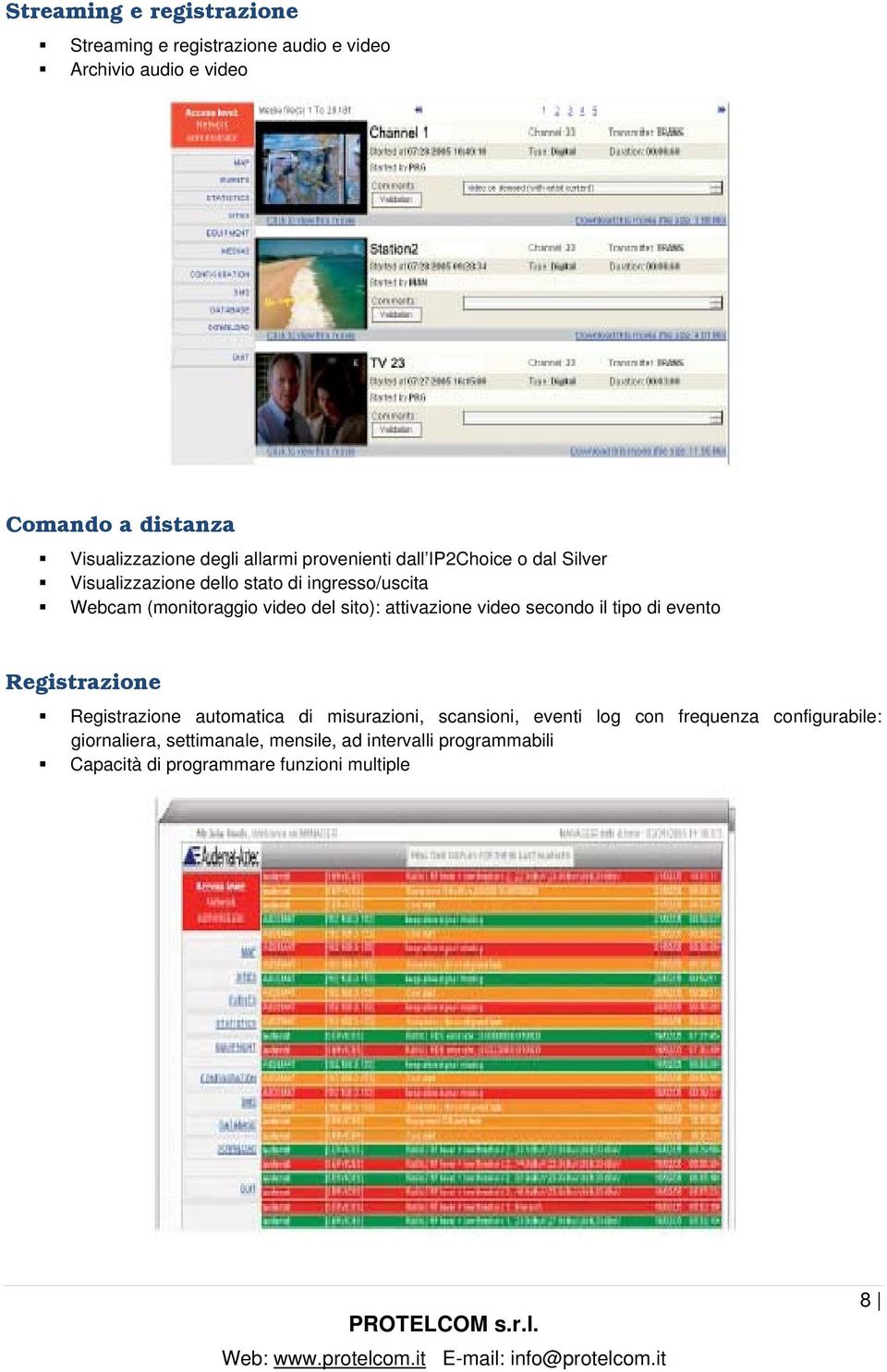 sito): attivazione video secondo il tipo di evento Registrazione Registrazione automatica di misurazioni, scansioni, eventi log