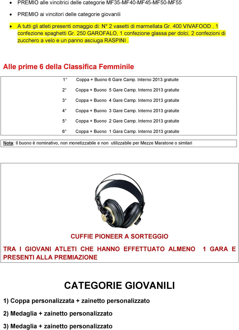 Alle prime 6 della Classifica Femminile 1 Coppa + Buono 6 Gare Camp. Interno 2013 gratuite 2 Coppa + Buono 5 Gare Camp. Interno 2013 gratuite 3 Coppa + Buono 4 Gare Camp.