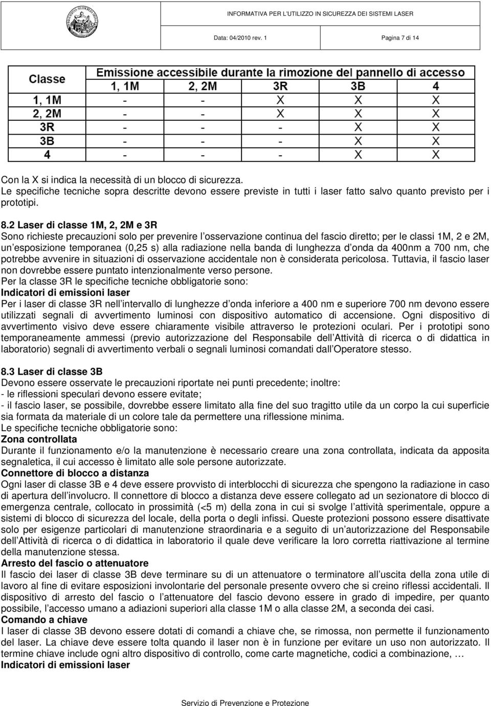 2 Laser di classe 1M, 2, 2M e 3R Sono richieste precauzioni solo per prevenire l osservazione continua del fascio diretto; per le classi 1M, 2 e 2M, un esposizione temporanea (0,25 s) alla radiazione