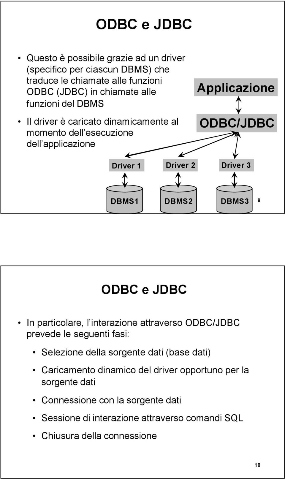 DBMS2 DBMS3 9 ODBC e JDBC In particolare, l interazione attraverso ODBC/JDBC prevede le seguenti fasi: Selezione della sorgente dati (base dati)