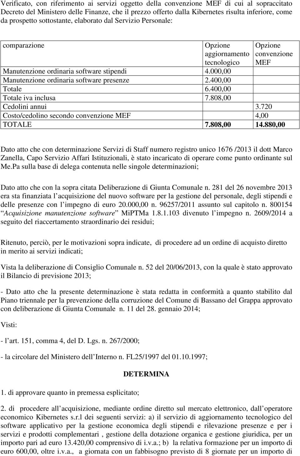 000,00 Manutenzione ordinaria software presenze 2.400,00 Totale 6.400,00 Totale iva inclusa 7.808,00 Cedolini annui 3.720 Costo/cedolino secondo convenzione MEF 4,00 TOTALE 7.808,00 14.