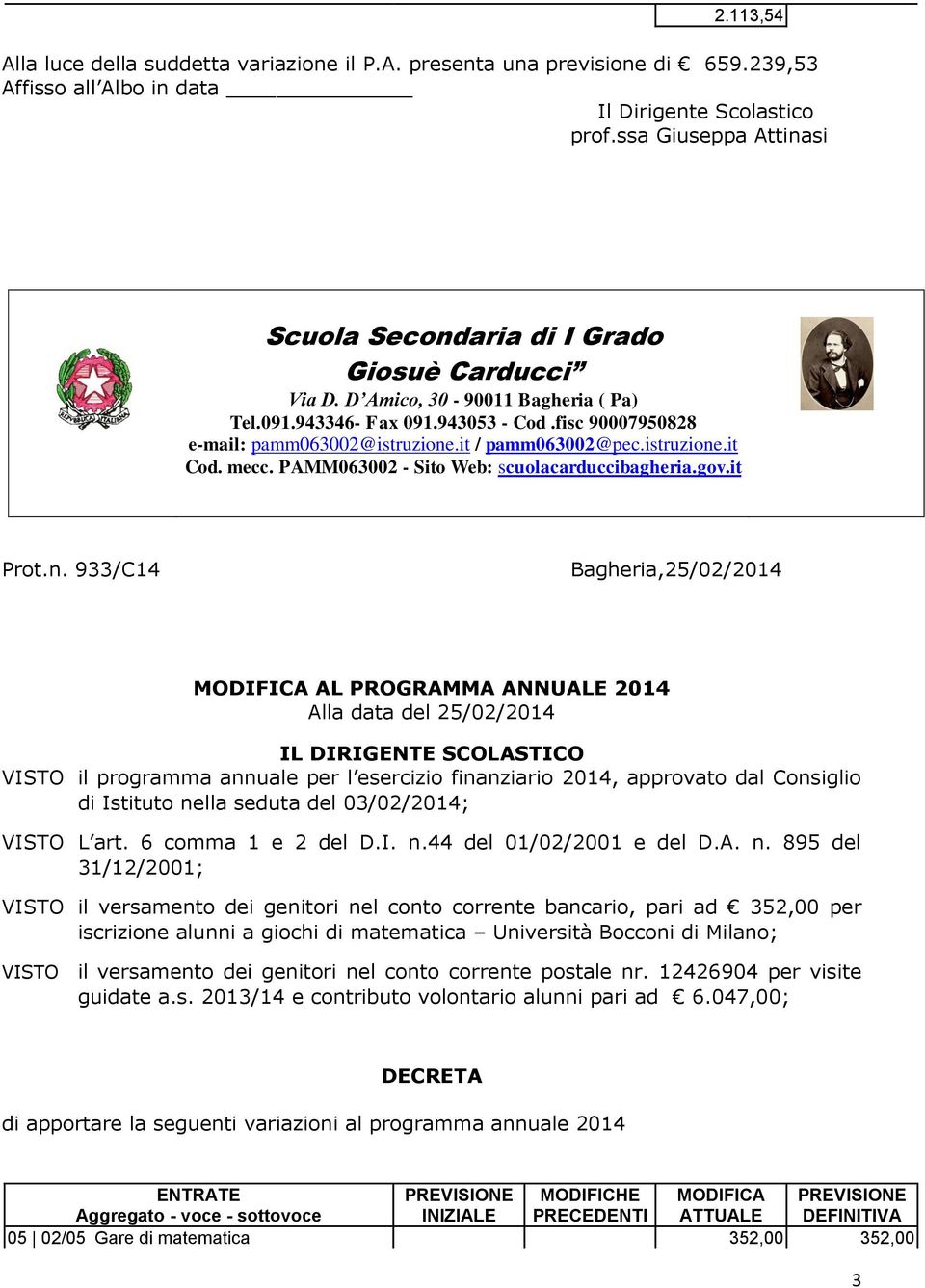 a una previsione di 659.239,53 Affisso all Albo in data Giosuè Carducci Prot.n. 933/C14 Bagheria,25/02/2014 AL PROGRAMMA ANNUALE 2014 Alla data del 25/02/2014 VISTO il programma annuale per l