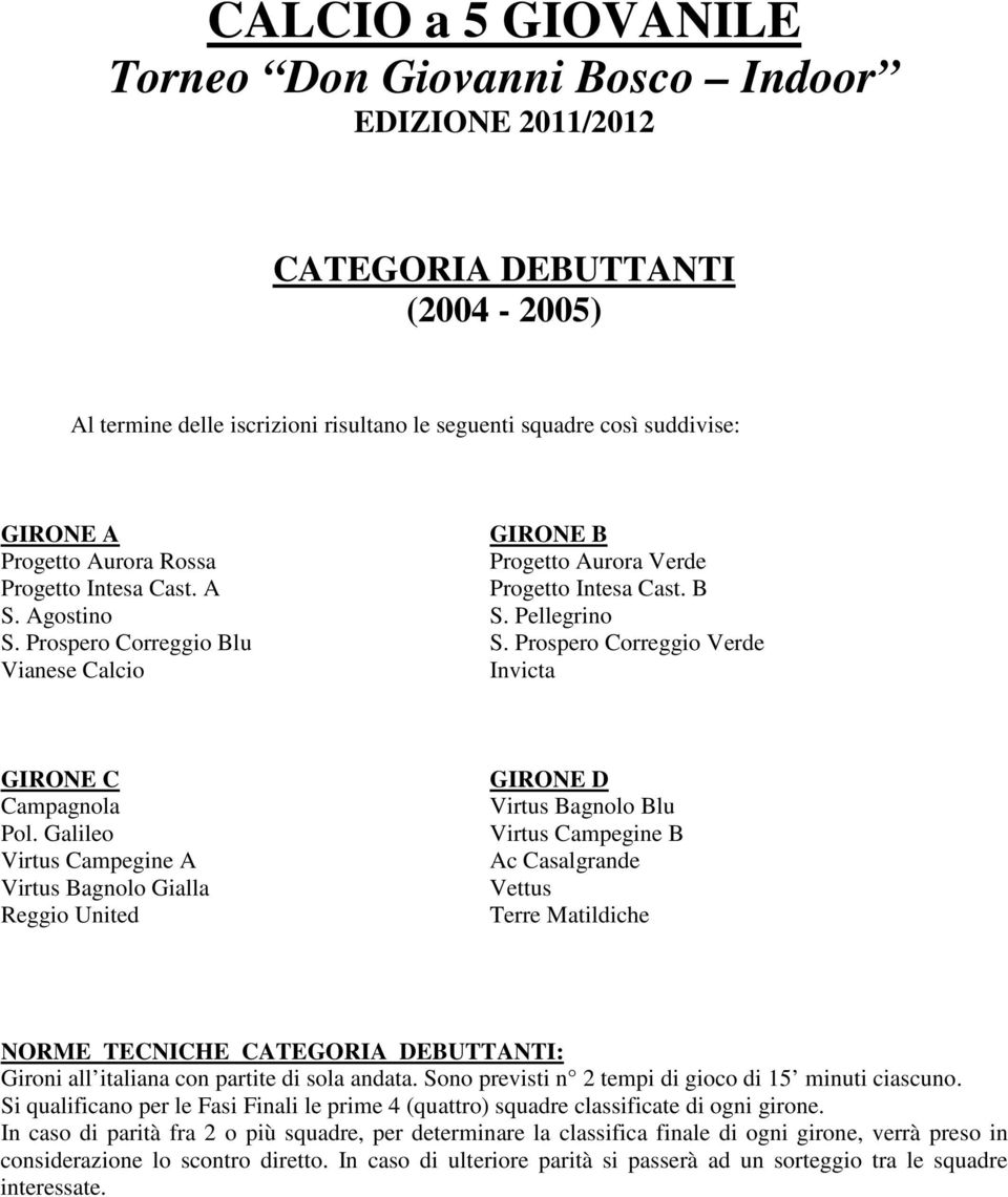 Galileo Virtus Campegine A Virtus Bagnolo Gialla GIRONE D Virtus Bagnolo Blu Virtus Campegine B Ac Casalgrande Vettus Terre Matildiche NORME