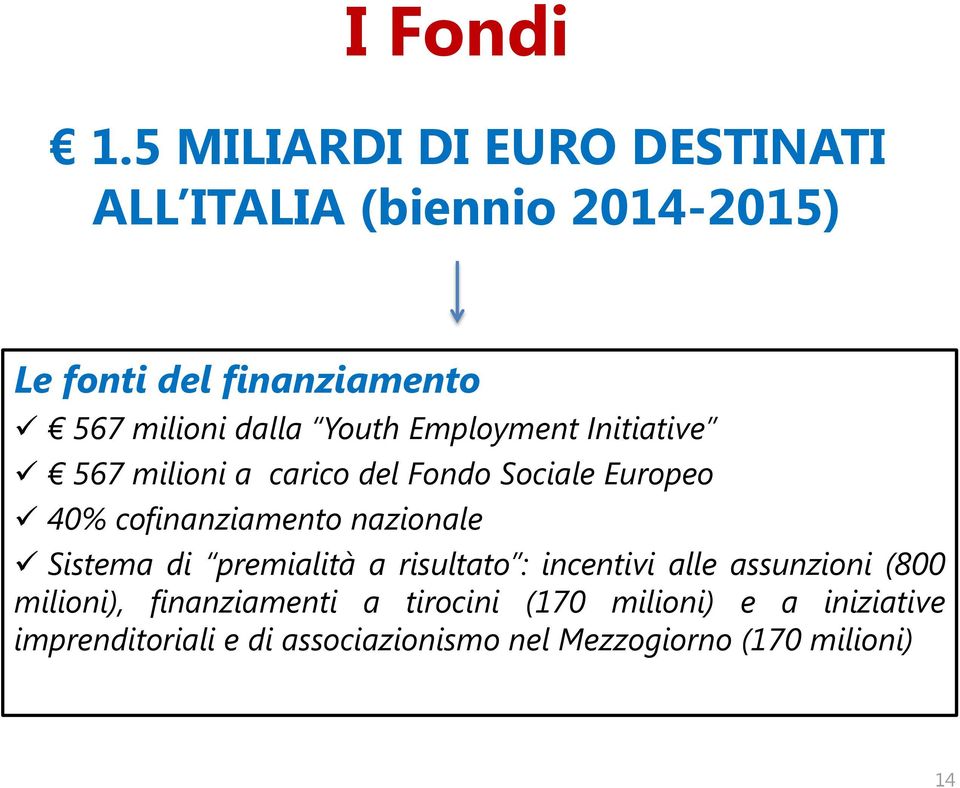 Youth Employment Initiative 567 milioni a carico del Fondo Sociale Europeo 40% cofinanziamento nazionale