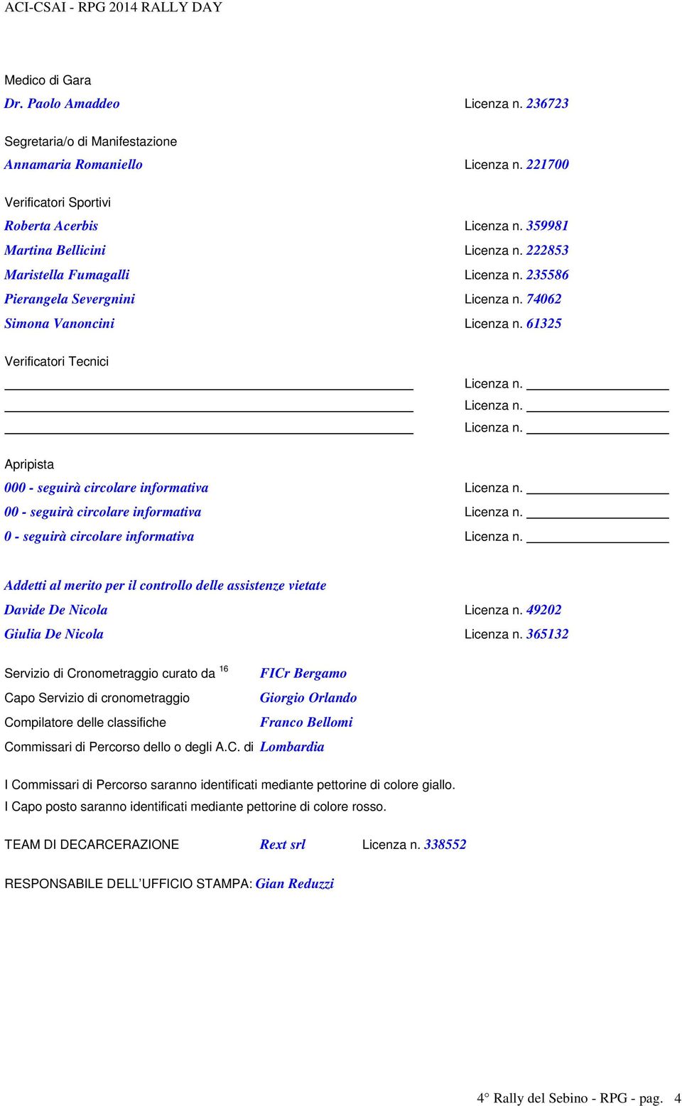 00 - seguirà circolare informativa Licenza n. 0 - seguirà circolare informativa Licenza n. Addetti al merito per il controllo delle assistenze vietate Davide De Nicola Licenza n.