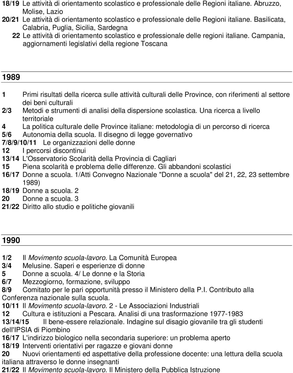 Campania, aggiornamenti legislativi della regione Toscana 1989 1 Primi risultati della ricerca sulle attività culturali delle Province, con riferimenti al settore dei beni culturali 2/3 Metodi e