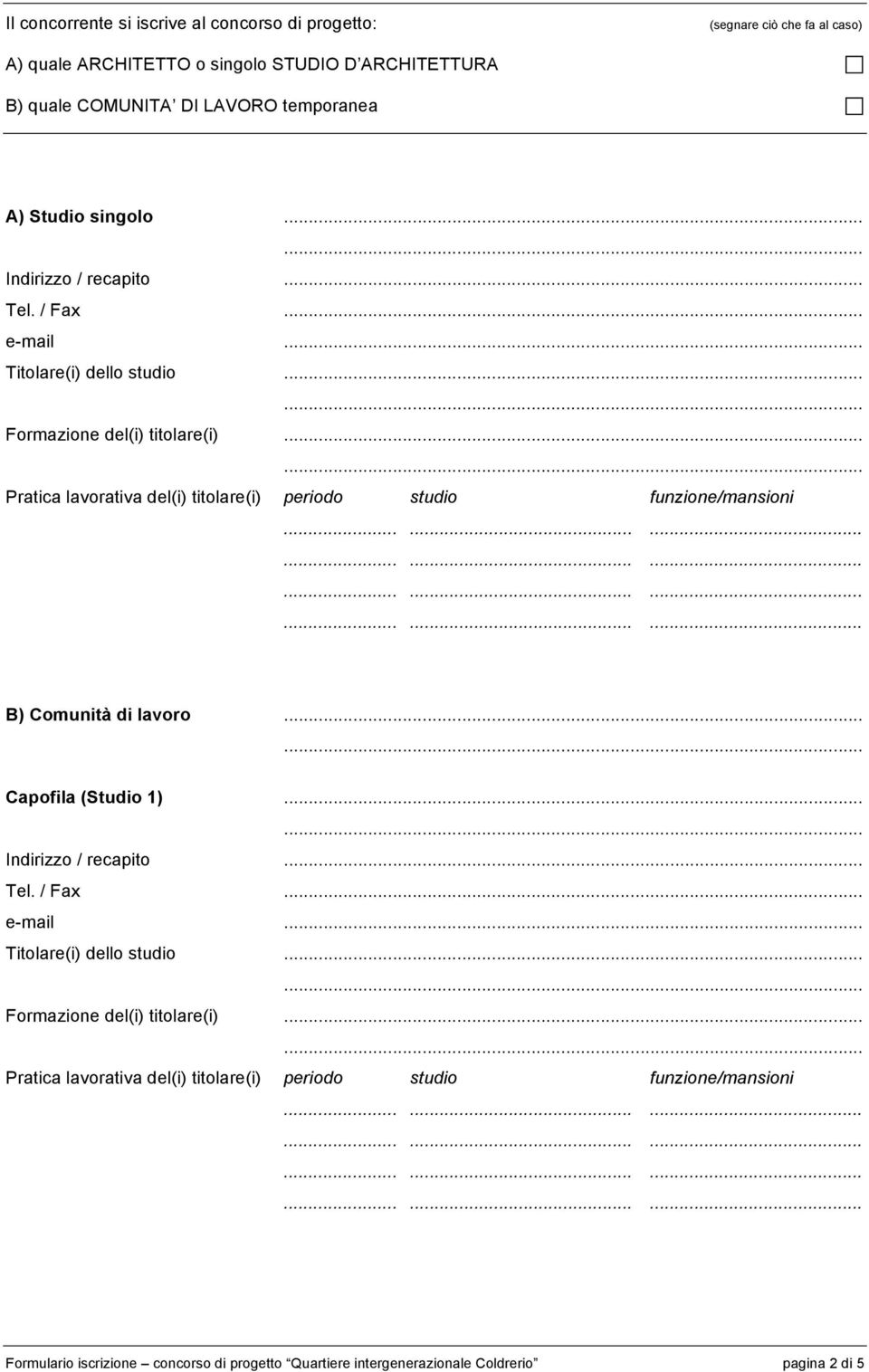 / Fax e-mail Titolare(i) dello studio Formazione del(i) titolare(i) B) Comunità di lavoro Capofila (Studio 1) Indirizzo /