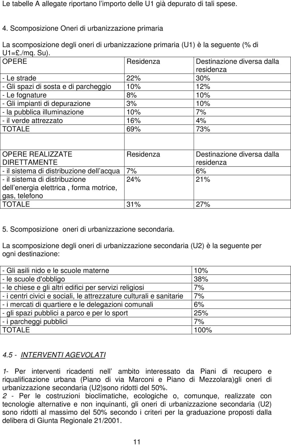 OPERE Residenza Destinazione diversa dalla residenza - Le strade 22% 30% - Gli spazi di sosta e di parcheggio 10% 12% - Le fognature 8% 10% - Gli impianti di depurazione 3% 10% - la pubblica