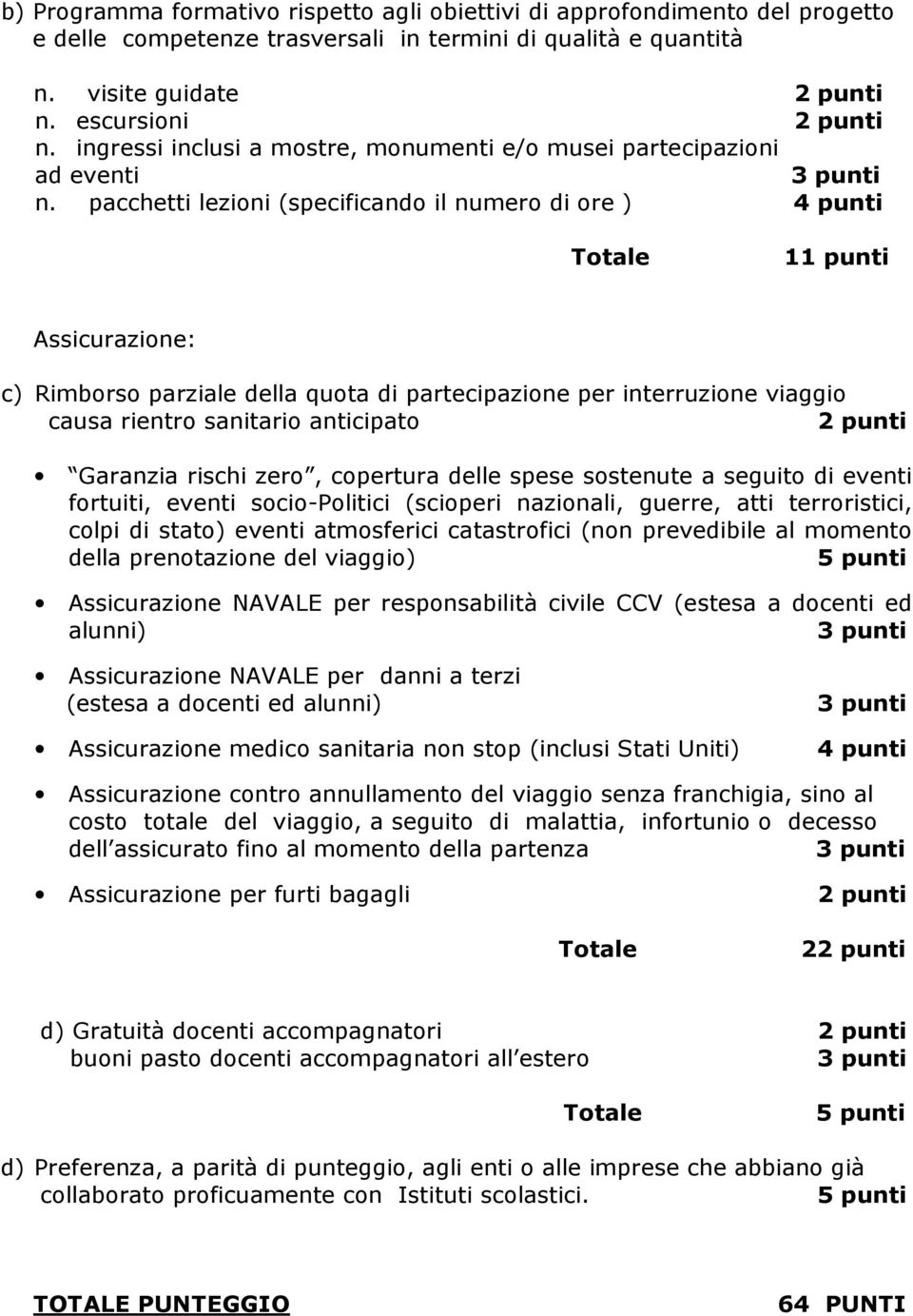 pacchetti lezioni (specificando il numero di ore ) 4 punti 11 punti Assicurazione: c) Rimborso parziale della quota di partecipazione per interruzione viaggio causa rientro sanitario anticipato 2