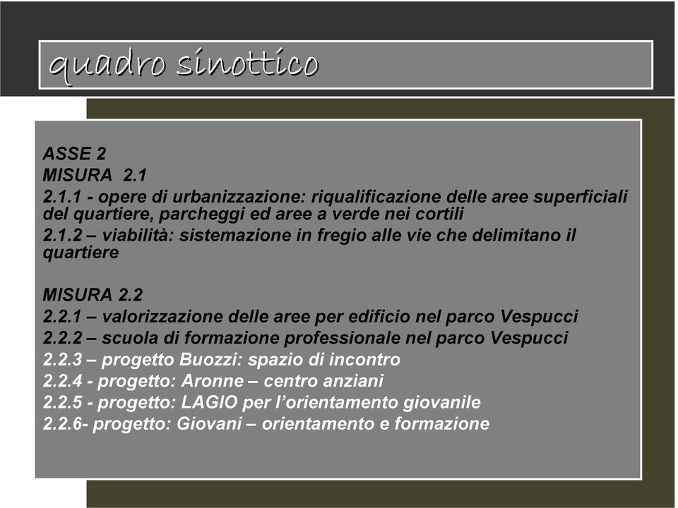 2 2.2.1 valorizzazione delle aree per edificio nel parco Vespucci 2.2.2 scuola di formazione professionale nel parco Vespucci 2.2.3 progetto Buozzi: spazio di incontro 2.