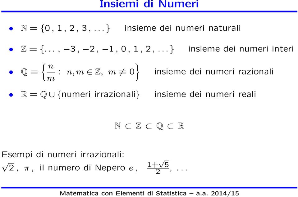 ..} insieme dei numeri interi Q = { n m } : n,m Z, m 0 insieme dei numeri