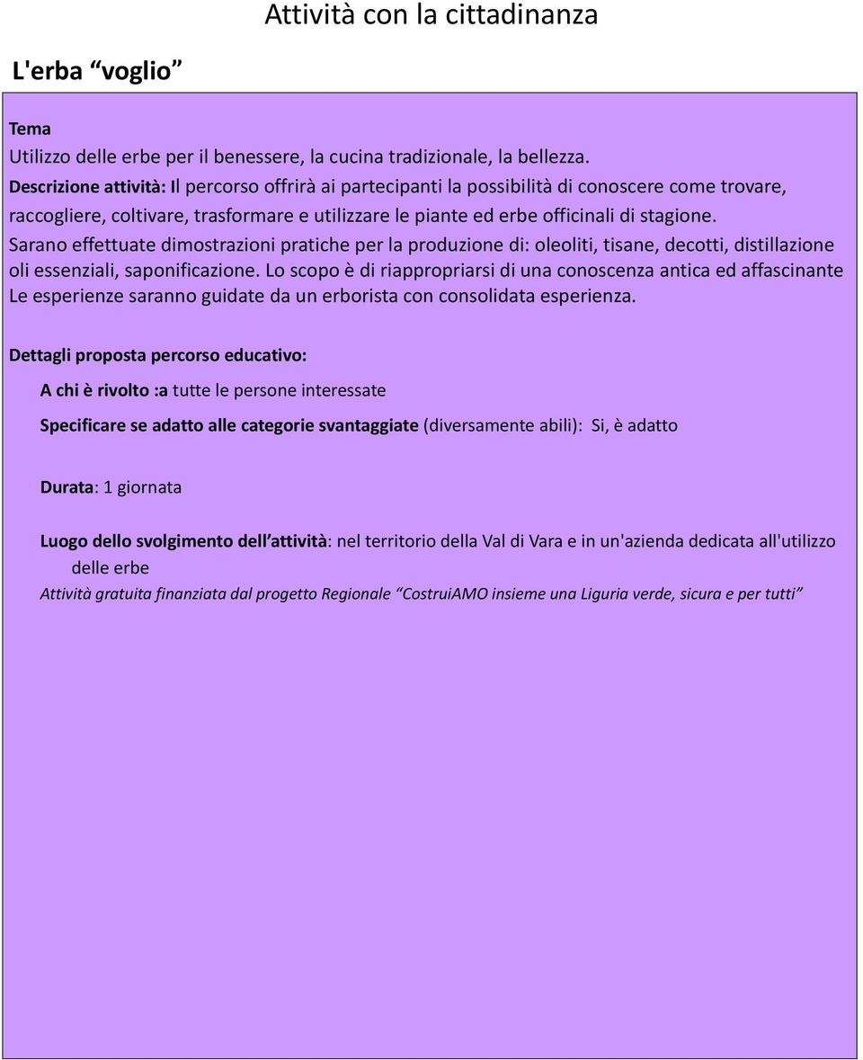 Sarano effettuate dimostrazioni pratiche per la produzione di: oleoliti, tisane, decotti, distillazione oli essenziali, saponificazione.