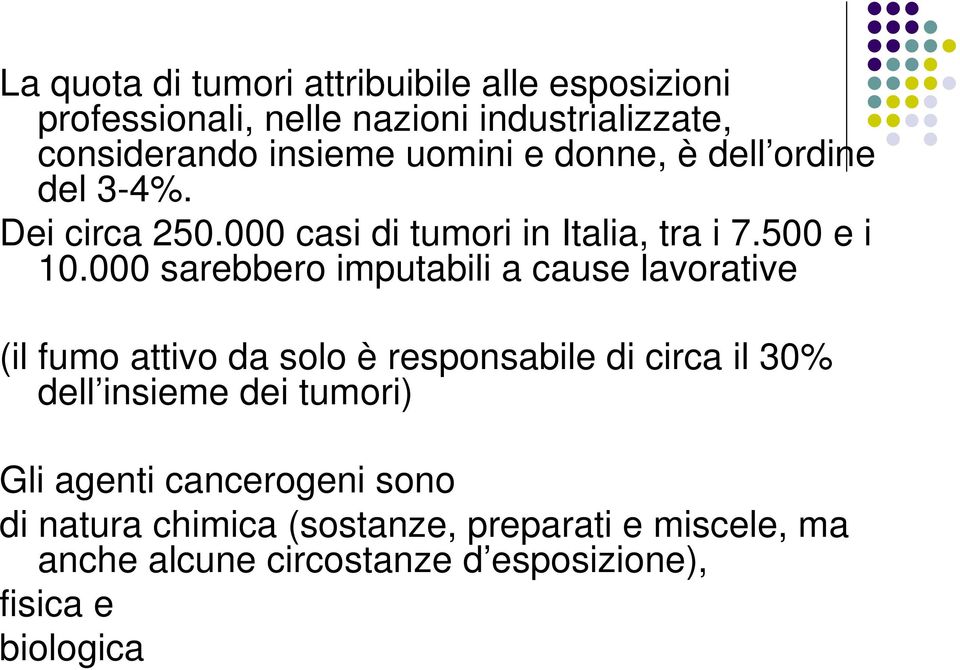 000 sarebbero imputabili a cause lavorative (il fumo attivo da solo è responsabile di circa il 30% dell insieme dei