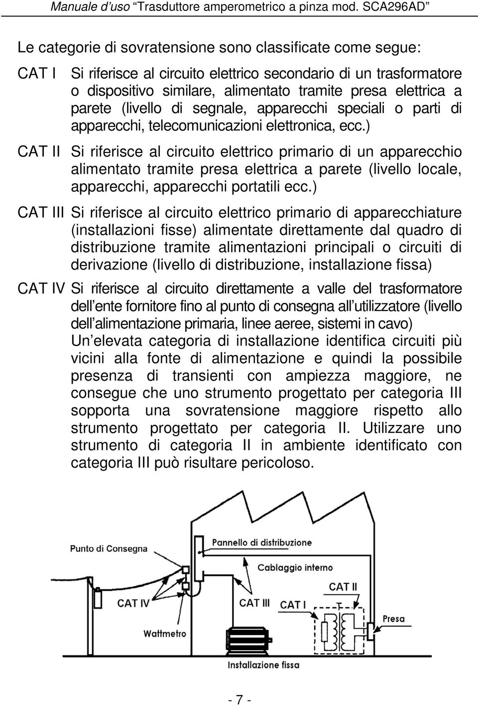 ) CAT II Si riferisce al circuito elettrico primario di un apparecchio alimentato tramite presa elettrica a parete (livello locale, apparecchi, apparecchi portatili ecc.