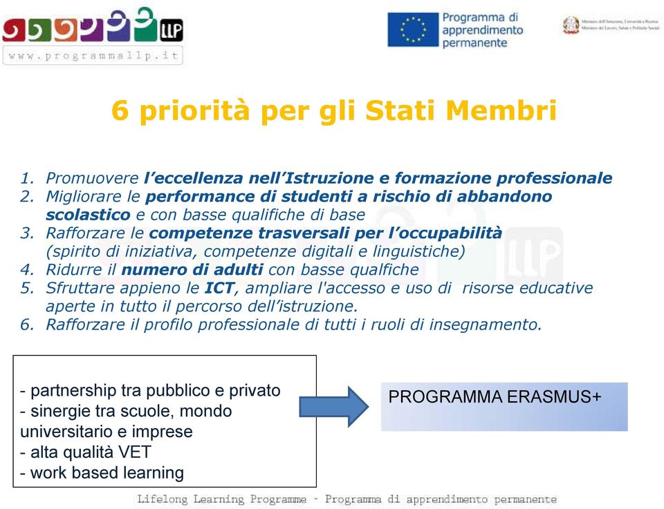 Rafforzare le competenze trasversali per l occupabilità (spirito di iniziativa, competenze digitali e linguistiche) 4. Ridurre il numero di adulti con basse qualfiche 5.