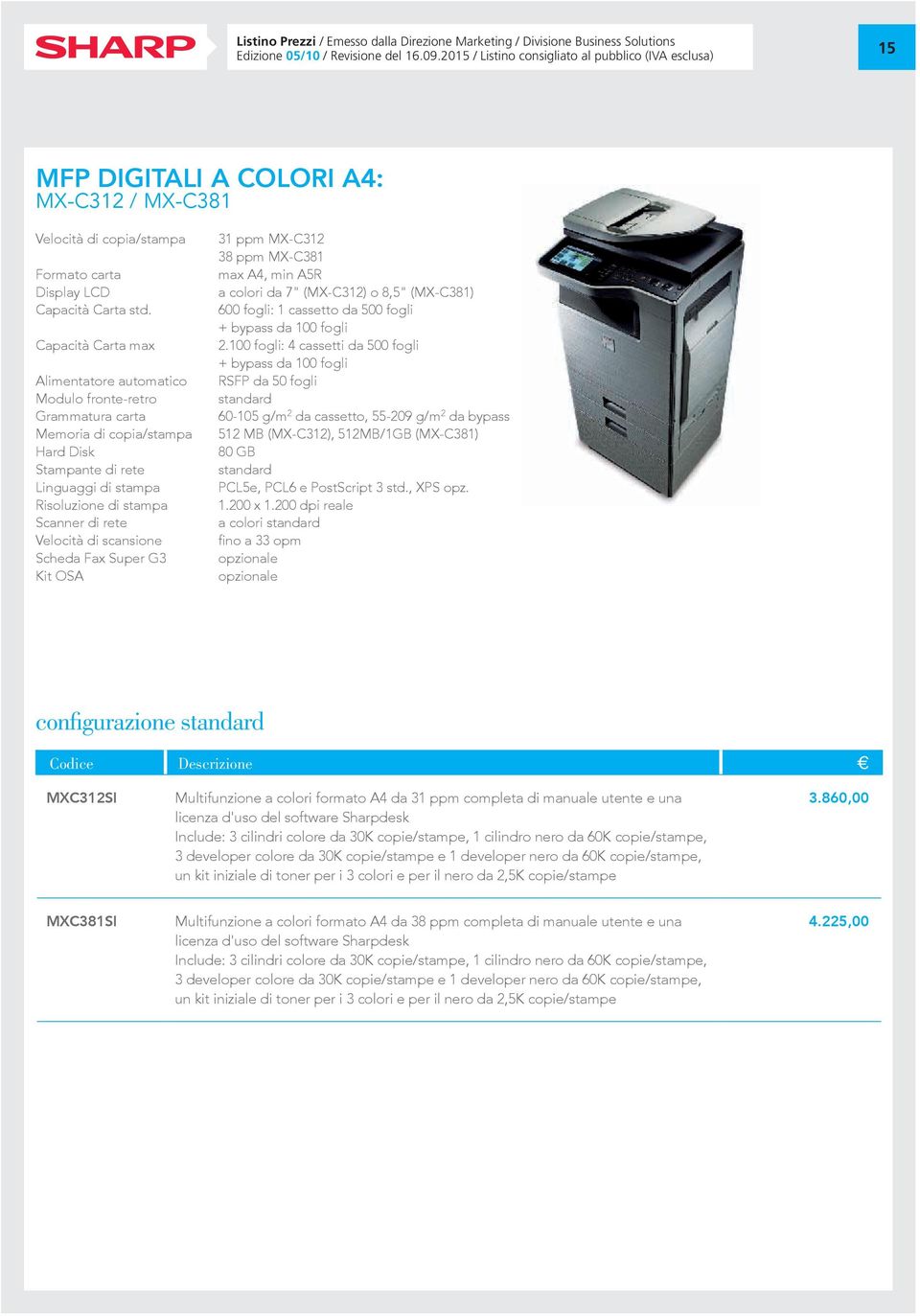 Capacità Carta max Alimentatore automatico Modulo fronte-retro Grammatura carta Memoria di copia/stampa Hard Disk Stampante di rete Linguaggi di stampa Risoluzione di stampa Scanner di rete Velocità