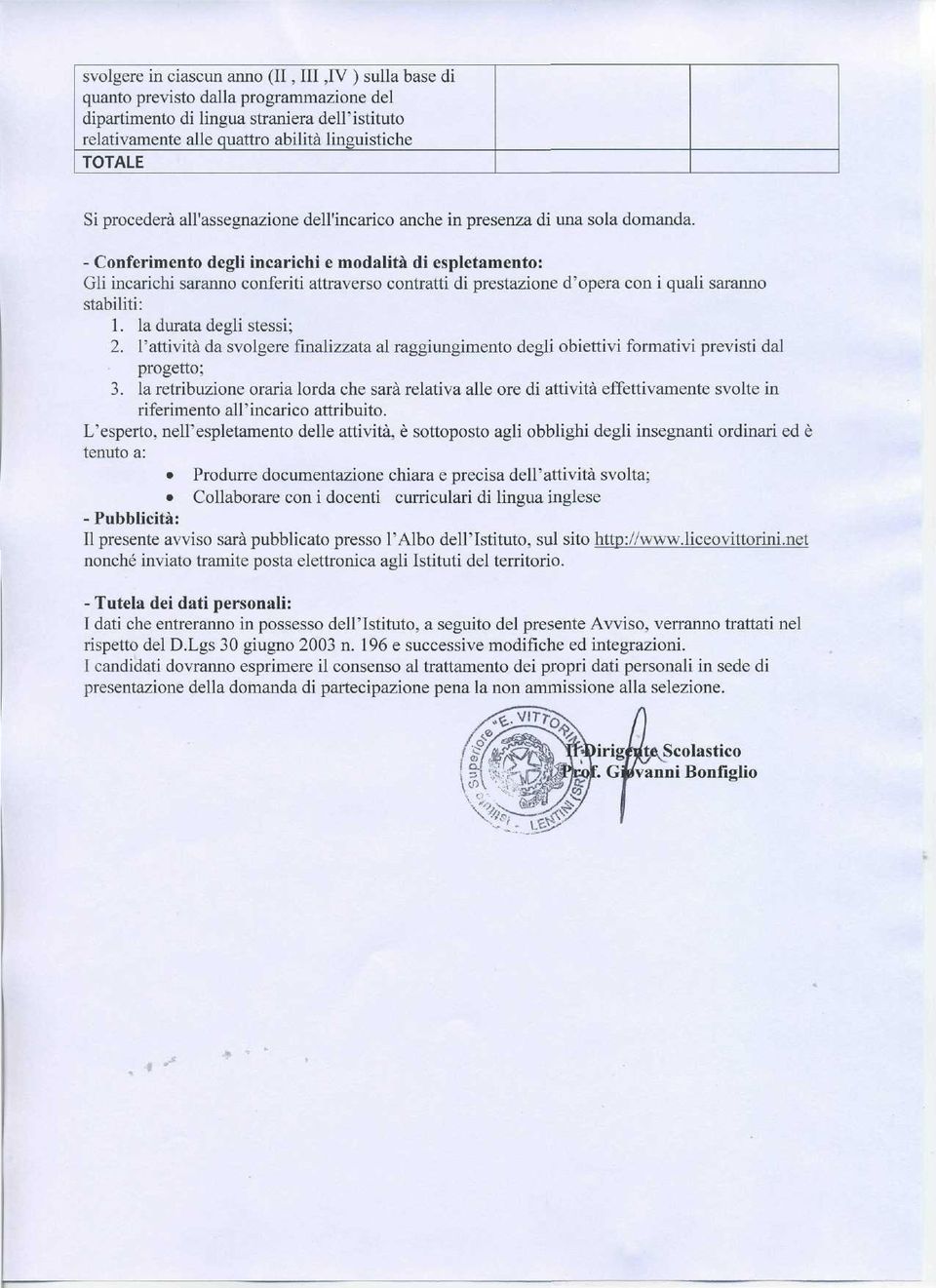 - Conferimento degli incarichi e modalità di espletamento: Gli incarichi saranno conferiti attraverso contratti di prestazione d'opera con i quali saranno stabiliti: 1. la durata degli stessi; 2.