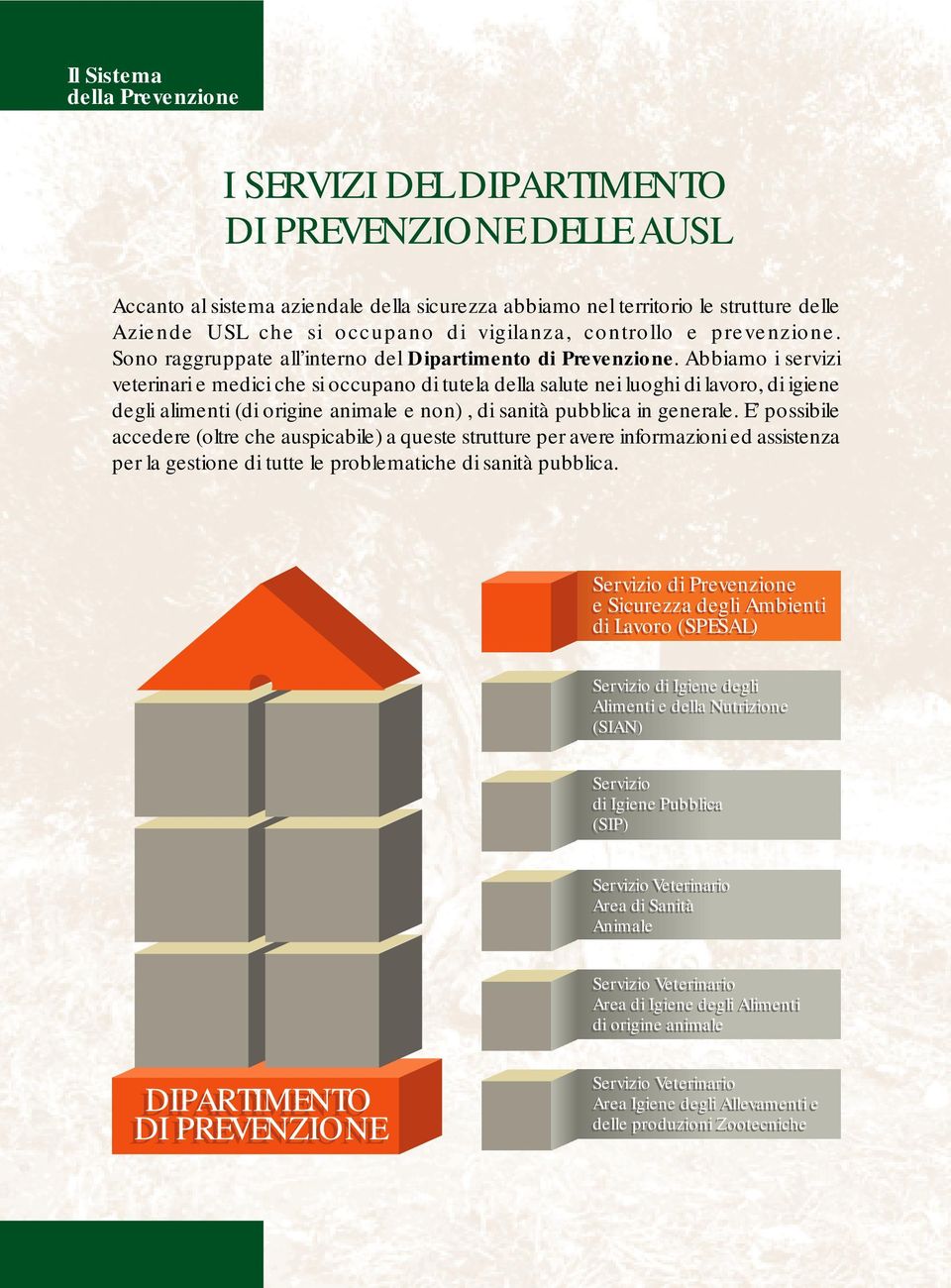 Abbiamo i servizi veterinari e medici che si occupano di tutela della salute nei luoghi di lavoro, di igiene degli alimenti (di origine animale e non), di sanità pubblica in generale.