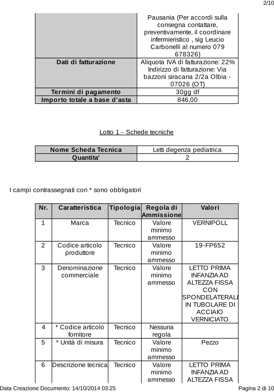 degenza pediatrica Quantita' 2 I campi contrassegnati con * sono obbligatori Nr.