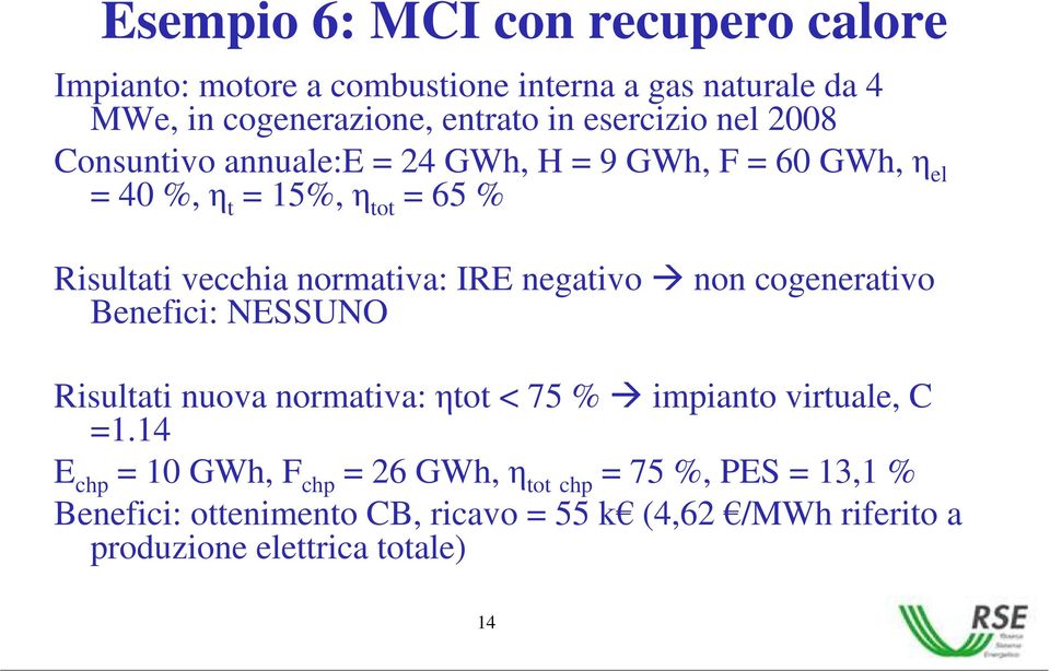 normativa: IRE negativo non cogenerativo Benefici: NESSUNO Risultati nuova normativa: tot < 75 % impianto virtuale, C =1.