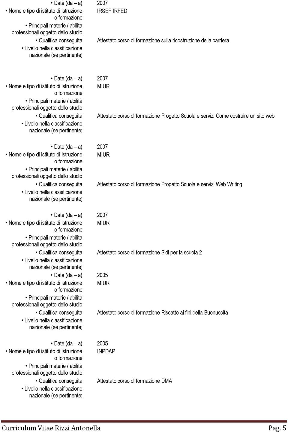 Writing Qualifica conseguita Attestato corso di formazione Sidi per la scuola 2 Date (da a) 2005 Qualifica conseguita Attestato corso di formazione Riscatto ai fini