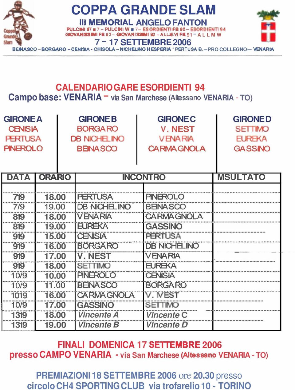 -PRO COLLEGNO- KNARIA CALENDARIO GARE ESORDIENTI 94 Campo base: VENARIA - via San Marchese (Aitessano VENARIA - TO) GIRONE A CENtsIA FEmusA mwol0 GIRONE B BORGA RO DB NK=HBiiW BBNASCO GIRONE C V.