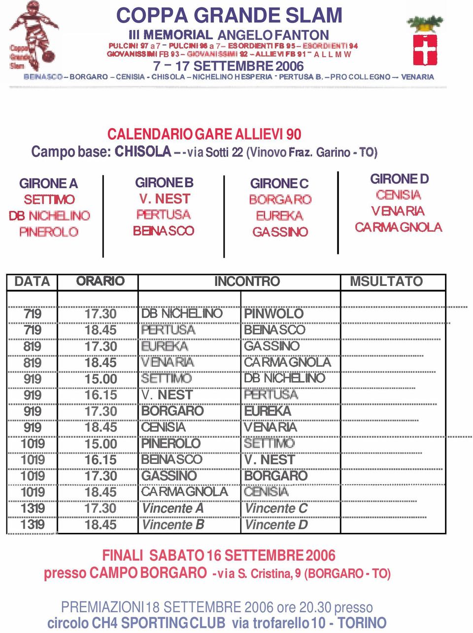 Garino -TO) GIRONE A SETTMO DB NCi-R-NO PMROLO GIRONE B V. NEST FmlusA BElN4SCO GIRONE C BORGArn BJRB(A GASNO GIRONE D CB\1nw vb(arl4 CARM4GNOLA DATA ORARIO INCONTRO MSULTATO...... 719 17.