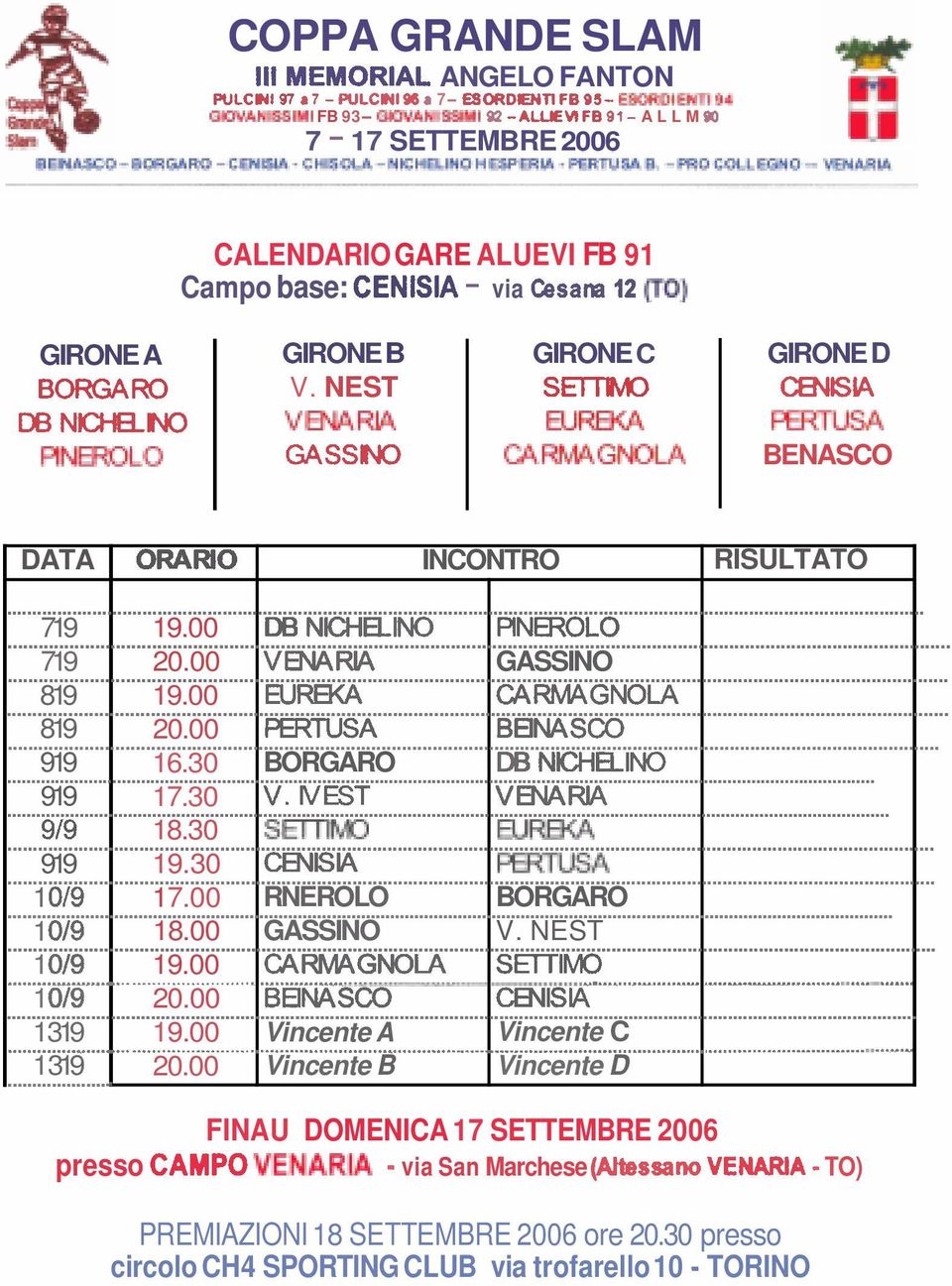 NEST VB(ARIA GASSW GIRONE C s m EuREKA CAFM4cìWLA GIRONE D mnw F RlusA BENASCO DATA ORARIO INCONTRO RISULTATO...... 719 19.00 DB NICHELINO PINEROLO... 719 20.00 VENARIA GASSINO... 819 19.