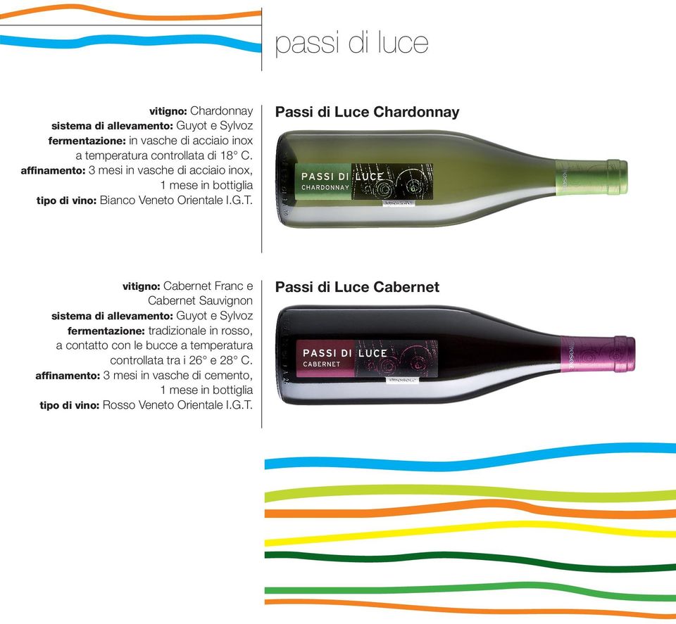 Passi di Luce Chardonnay vitigno: Cabernet Franc e Cabernet Sauvignon e Sylvoz fermentazione: tradizionale in rosso, a